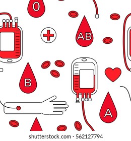 Blood donation seamless pattern with bag, arm, drops, heart, red blood cells on white background. Stock vector illustration of blood transfusion and donation. Medicine and biology collection.