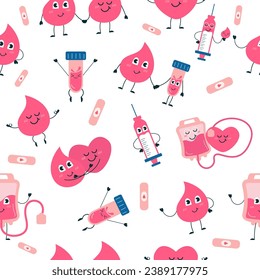 Blood donation seamless pattern. Character drops of blood, heart, syringe, blood bag