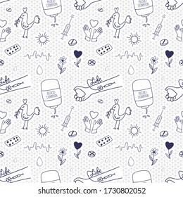 Blood donation seamless pattern. Doodle medical background to support donors. Vector illustration.