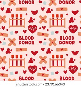 La donación de sangre se realiza sin fisuras con los elementos del doodle. Día mundial de los donantes de sangre. Ilustración vectorial para la página web