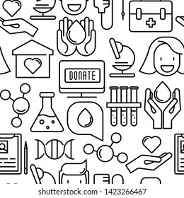 Blood donation seamless pattern with thin line icons. World blood donor day. Vector illustration for medical background.