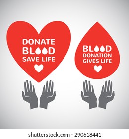 Blood donation simple illustrations with cupped helping hands silhouette and motivation words. Heart with drop, typographic composition. Donor's day symbol.