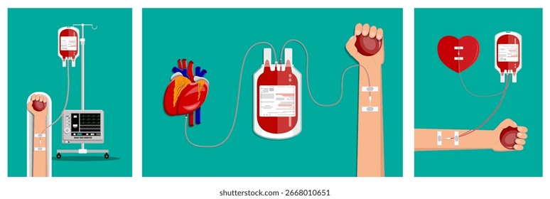 Sistema de donación de sangre con brazo humano, corazón y equipo médico en tres versiones. Concepto de atención sanitaria y hospitalaria.