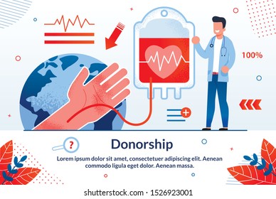 Blood Donation Technologies, Saving Blood Plasma for Emergency and Surgery Causes Trendy Flat Vector Vector Banner, Poster Template. Blood Transfusing from Human Hand to Plastic Bag Illustration