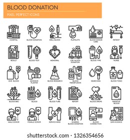 Donación de sangre , Línea delgada e Iconos Perfectos de Pixel
