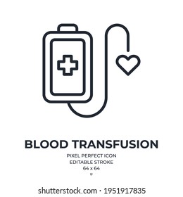 Blood donation or transfusion concept editable stroke outline icon isolated on white background vector illustration. Pixel perfect. 64 x 64.