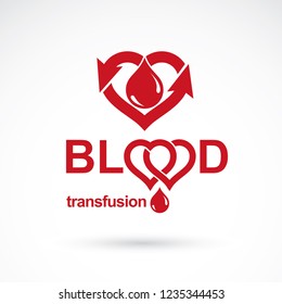 Blood donation and blood transfusion concept vector symbol created with red heart shape with arrows and blood drops. Hematology theme, medical treatment design emblem.