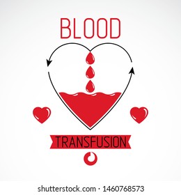 Blood donation and blood transfusion concept vector symbol created with red heart shape with arrows and blood drops. Hematology theme, medical treatment design emblem.