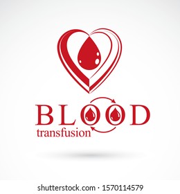 Blood donation and blood transfusion concept vector symbol created with red heart shape with arrows and blood drops. Hematology theme, medical treatment design emblem.