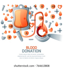 Blood donation and transfusion concept. Vector isolated medical illustration, icons, symbol and design elements. World blood donor day, horizontal banner or poster template.