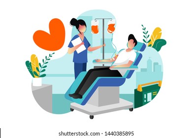Blood donation, transfusion. Vector flat cartoon illustration. Volunteer male donor donating blood in medical hospital laboratory. World blood donor day concept.