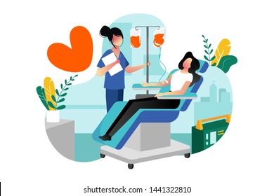 Blood donation, transfusion. Vector flat cartoon illustration. Volunteer female donor donating blood in medical hospital laboratory. World blood donor day concept.