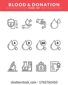 Blutspende und Typ Icon Set, neue und trendige lineare Piktogramm-Packung. modernes Vektorsymbol-Konzept für Web-Grafiken