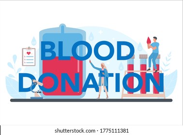 Blutspende typografische Header Konzept. Geben Sie Blut und retten Sie Leben, werden Sie Spender. Idee von Wohltätigkeit und Hilfe. Arzt mit einer Durchstechflasche aus Blut. Flache Vektorgrafik