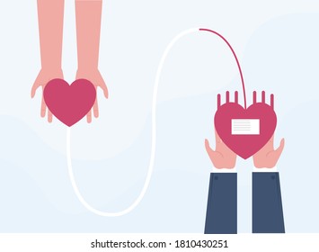 Blood Donation vector concept: Hands holding heart symbol with blood flowing to another heart