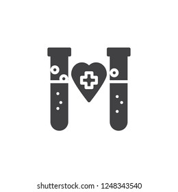 Blood donation vector icon. filled flat sign for mobile concept and web design. Test tubes and heart with medical cross simple solid icon. Blood test symbol, logo illustration. Vector graphics