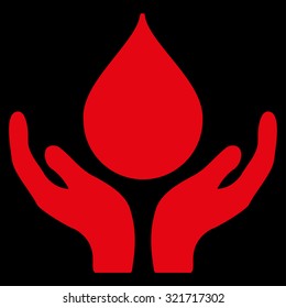 Blood Donation vector icon. Style is flat symbol, red color, rounded angles, black background.