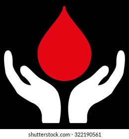 Blood Donation vector icon. Style is bicolor flat symbol, red and white colors, rounded angles, black background.