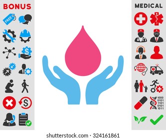 Blood Donation vector icon. Style is bicolor flat symbol, pink and blue colors, rounded angles, white background.