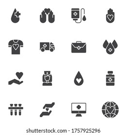 Blutspende Vektorsymbole Set, moderne solide Symbolsammlung, gefülltes Piktogramm-Paket im Stil. Zeichen Logo-Illustration. Set enthält Symbole - Bluttransfusion, medizinische Pille, Krankenschwester, Labortestschlauch