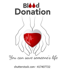 Blood donation, vector illustration, concept with heart, hands and heartbeat line on white background