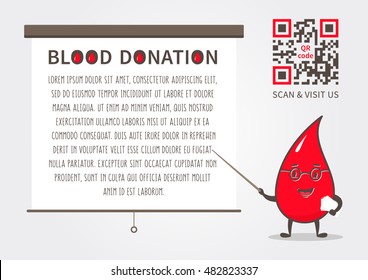 Blood Donation vector illustration. Creative poster with red cartoon professor (scientist) droplet, sample text inside of speech bubble and sample qr code.