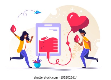 Blood donation vector illustration. Flat mini persons concept for emergency donor aid, transfusion charity and patient support. Pharmacy equipment and collection for urgent hospital surgery situation.