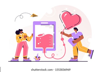 Blood donation vector illustration. Flat mini persons concept for emergency donor aid, transfusion charity and patient support. Pharmacy equipment and collection for urgent hospital surgery situation.