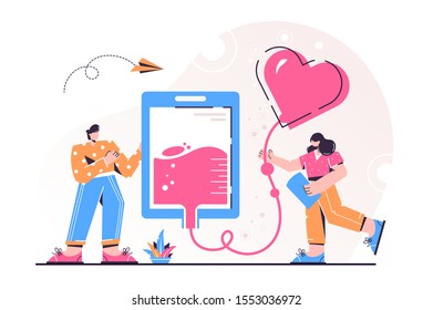 Blood donation vector illustration. Flat mini persons concept for emergency donor aid, transfusion charity and patient support. Pharmacy equipment and collection for urgent hospital surgery situation.
