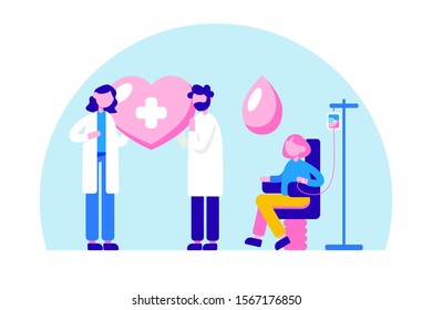 Blood donation vector illustration in flat style. Charity bank, volunteer lifeblood transfusion, hospital laboratory concept. Banner template