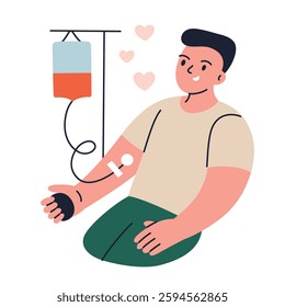 Blood donation vector illustration, flat cartoon character. Volunteer man donating blood. Healthcare, charity, social work concepts, medical aid, transfusion in hospital, support and responsibility
