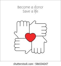 Blood donation Vector illustration Four white hands linked in the lock with red heart between them on white background Poster template for blood donation community Thin line