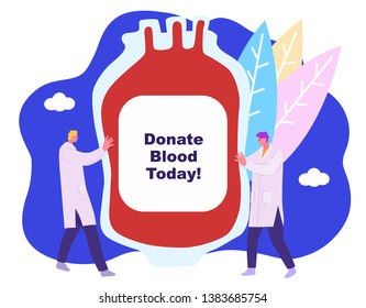 Blood Donation vector illustration with physicians who hold a blood bag. Flat style. Concept illustration with colored characters.
