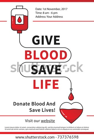 Blood Donation vector illustration with red heart and drop counter. Blood Donation line art concept with the red dropper and heart. Lifesaver campaign template with sample text graphic design.