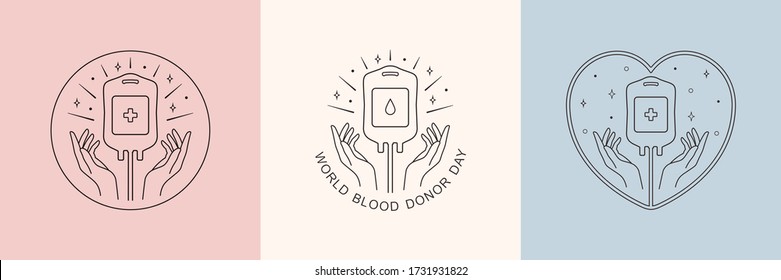 Blood donation vector logo in minimal linear style, illustration isolated on white background