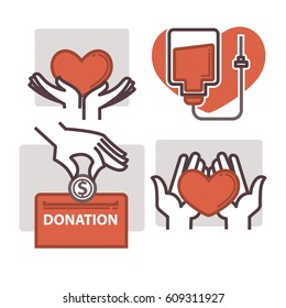 Modelos de logotipos vectores de donación de sangre de corazón para ayudar a las manos y monedas en cajas de caridad. Diseño de esquema para el evento social del Día Mundial del Donante o centro de fondos de donaciones voluntarias y grupo médico u hospital