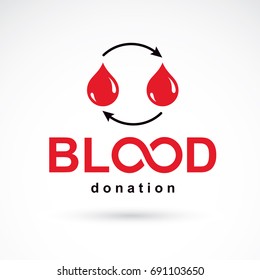 Blood donation vector symbol created with red blood drops and arrows. Blood transfusion metaphor, medical care emblem.