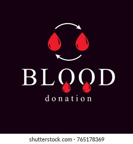 Blood donation vector symbol created with red blood drops and circulation arrows. Volunteer donorship, healthcare and medical treatment conceptual logo.