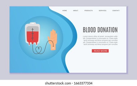 Blood donation web template with donors hand and blood tube, lifesaving and hospital care assistance vector illustration. Red medical hospital webpage for blood donors, charity.