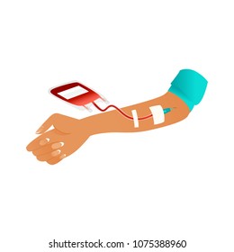 Blood donor colorful icon - woman's hand during collection of blood in medical plastic bag isolated on white background. Cartoon vector illustration of giving blood charity element.