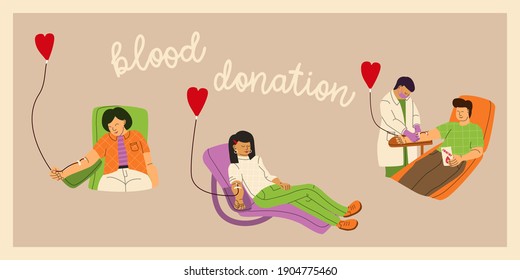 Blood Donor Concept. Men And Women Donate Blood Voluntarily. A Nurse Or Doctor In A Medical Uniform And A Protective Mask Assists At The Blood Transfusion Station. Vector Flat Color Illustration