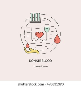 Blood Donor concept in thin line. Blood donation Banner or blood donation poster. Symbols blood donation and transfusion process icons for blood donor day. Set donation blood vector illustration.