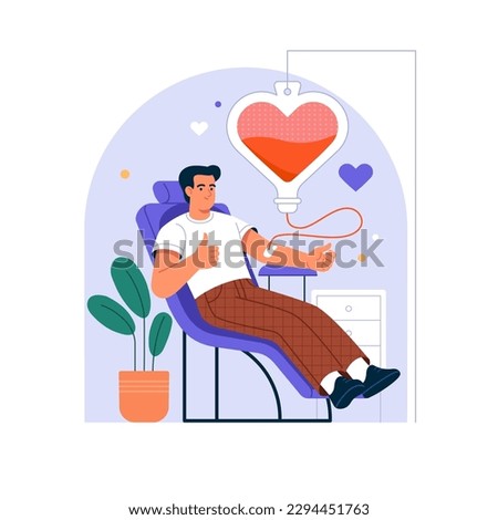 Blood Donor concept. Vector illustration in flat cartoon style of a young smiling man in a chair donating his blood into a heart-shaped container. Isolated on background