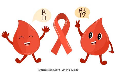 Blutspender, süße Bluttropfen und rotes Band. Spende Blut, Gesundheitskonzept. Handgezeichnete Vektorillustrationen.
