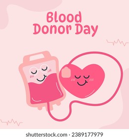 Blood donor day background. Character heart, blood donation bag