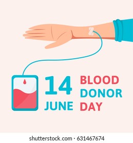Blood donor day poster. Donor day vector illustration. Human donates blood. Flat design poster