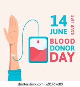 Blood donor day poster. Donor day vector illustration. Human donates blood. Hand male donor