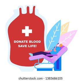 Blood donor at donation. Concept vector flat illustration for World blood donor day. Concept illustration with colored characters.