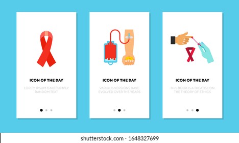 Blutspender-Symbol-Set. Nadel, Hilfe, Behandlung, isolierte Vektorillustration Zeichenpackung. Medizin und Gesundheitskonzept. Symbolelemente für Vektorillustration für Webdesign und Apps