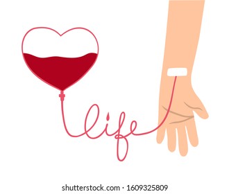 Blood donor flat vector poster template. Hand with heart shape container and text Life. Hematology medical illustration. Blood transfusion and donation